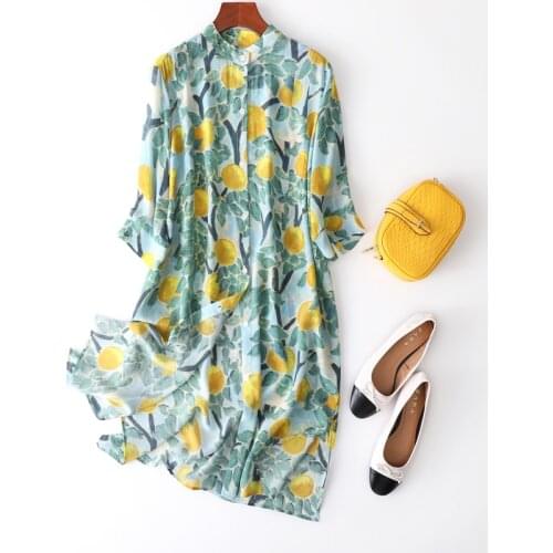 Womens 100% Silk luxury Fashion Heavy Round neck Long Dress Elegant Green Lemon Prints One Size L1097