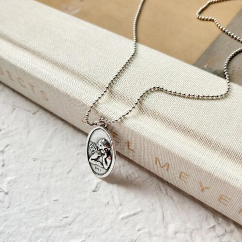 1pc/lot 925 Pure Silver Jewelry Gift Trendy Antique Silver Pendant Ball Chain Necklace With Oval Round Angel Necklace Lady Gift