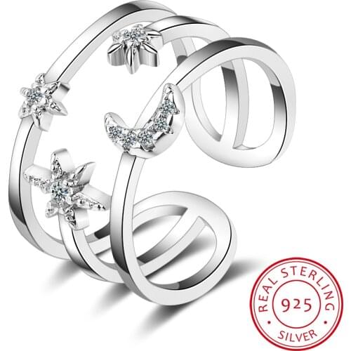 100% Real Pure 925 Sterling Silver Crystal Moon Star Double Layer Rings For Women Ladies Statement Jewelry Wedding Finger Ring