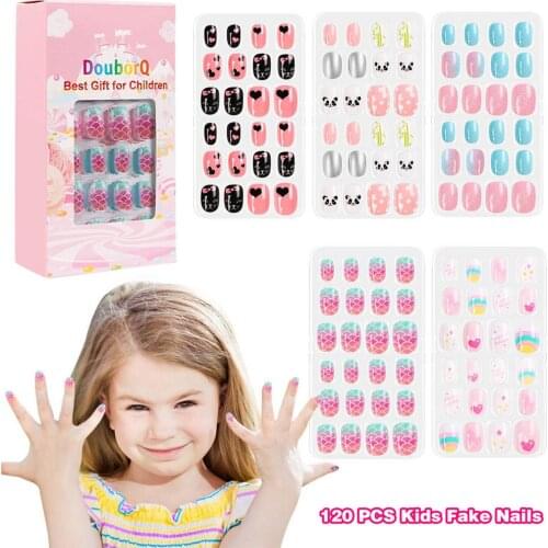 120Pcs/Set Kids Cartoon Style Detachable Fake Nails Full Cover Press Stick On Nails Children False Nail Girls Nail Decor Gifts