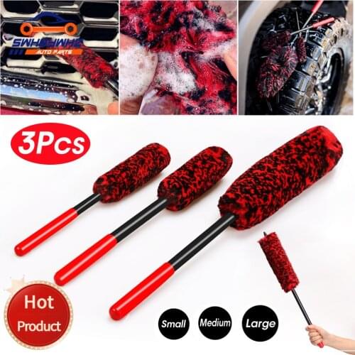 3pcs Auto Car Wheel Hub Cleaning Brush Flexible Long Handle Premium Wool Car Rim Brushes Soft Fiber Car Tire Cleaning Brush