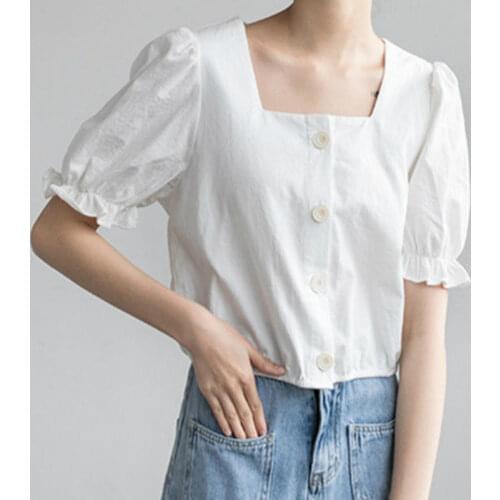 Blouses Women Short Sleeve Simple Solid Retro Top Female Square Collar French Summer Stylish Harajuku Crop Tops Clothing Shirts