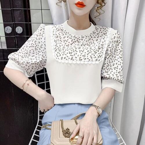 Design sense summer new floral stitching bubble short-sleeved temperament all-match fashionable chiffon shirt womens top tide