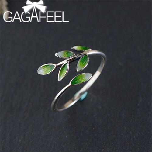 GAGAFEEL Simple Enamel Leaf Open Ring Womens Personalized Art S925 Sterling Silver Cloisonne Leaves Rings Elegant Jewelry