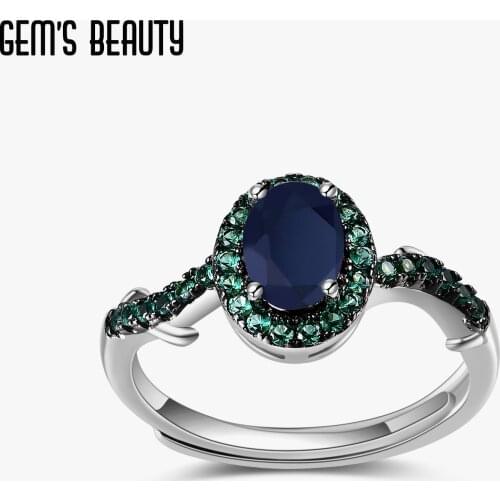 GEMS BEAUTY 925 Sterling Silver Thorns Bud Adjustable Rings Natural Blue Sapphire Gemstone Handmade Statement Ring For Women