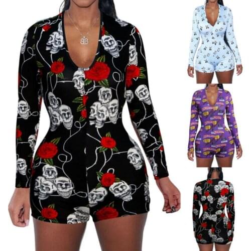 New Fashion Women Floral Long Sleeve Jumpsuit Deep V Neck Bodycon Jumpsuit Bodysuit High Waist Romper Leotard Tops