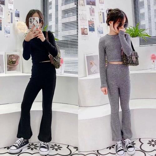 Girls Clothes Sets Baby Knitted Elastic Fashion Suits 8 10 years High Waist Tops Flared Trousers 2 pieces Dance Clothing 3-15Y