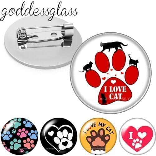 Animals Footprints Love cats dogs Pets Cute Round Glass cabochon Brooch Dome Photo Jewelry Brooches Pin For Gift