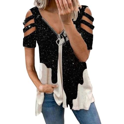 Summer Plus Size Womens Tops And Blouses Womens Tops V-neck Zipper Pullover Print Short-sleeved Loose Blusas Mujer De Moda 2021