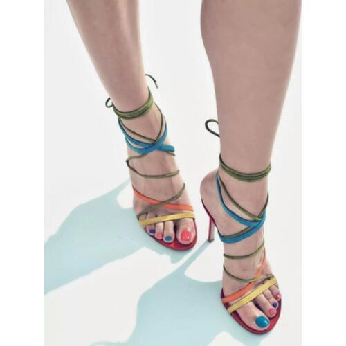 Summer Multicolor Suede Leather Thin Straps Cross Sandals Open Toe Thin Bandage Lace up Rainbow Color High Heels Mujer Zapatos