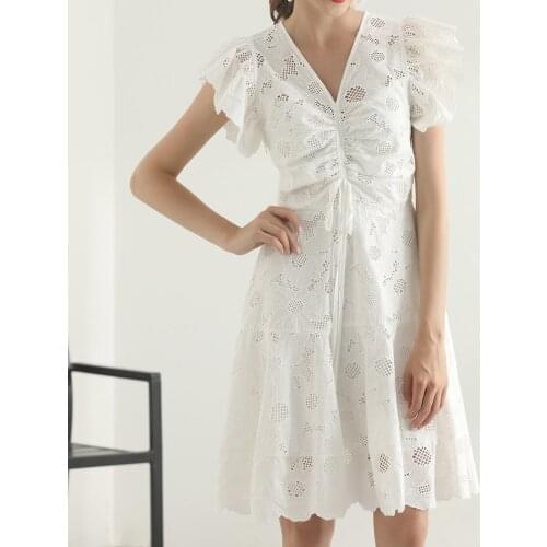Fashion Women Flower Cutwork Dress White Sexy V-Neck Pleated Dresses 4602