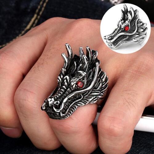 BLUELANS Punk Men Cubic Zirconia Carved Dragon Head Finger Ring Tibetan silver fashion Party Jewelry Gift