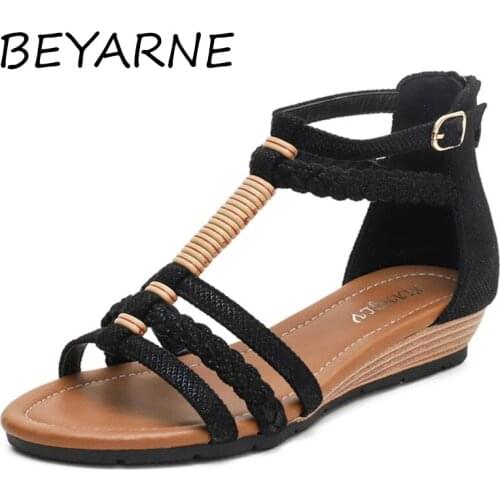 BEYARNE 2021Spring and Summer New Bohemian Ethnic Wind Rhinestones Retro Roman Thick-soled Tourism Vacation Wedge Sandals Women