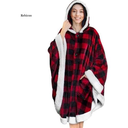 Women Men Wearable Blanket Hoodie Fleece Hooded Sweatshirt Outdoor Winter Warm Slant Robe Bathrobe Blanket Sweatshirt