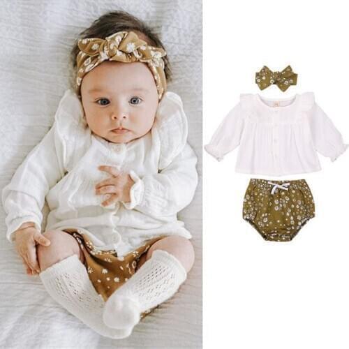 Infant Baby Girls Floral Print OutfitsLong Sleeve Tops Short Pants Headband Fall Winter Clothes Sets