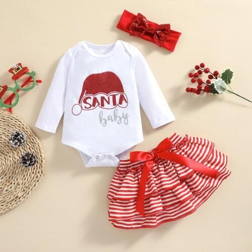 FOCUSNORM 1-5Y Infant Baby Girls Christmas Sets 3pcs Santa Printed Long Sleeve Romper Striped Ruffles Skirt Headband