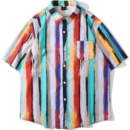 Vintage Street Spliced Tie-dyed Striped Shirts Men Women Lovers Short Sleeve Casual Hawaii Summer Tops Loose Clothing 2021