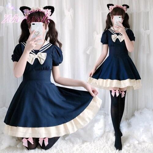 Japanese Lolita Soft Girls Dresses Preppy Sweet Short Sleeves Navy Collar Bow Dress Female Women Summer Costume AFC1028