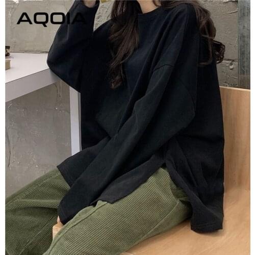 Autumn Streetwear INS Long Sleeve White Black Women T Shirt Plus Size Loose Long Womens Tops 2020 irregular Split Female TShirts