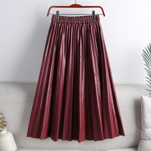 TIGENA Faux Leather Midi Skirt Women 2021 Autumn Winter Vintage Solid PU A Line High Waist Pleated Knee Length Skirt Female