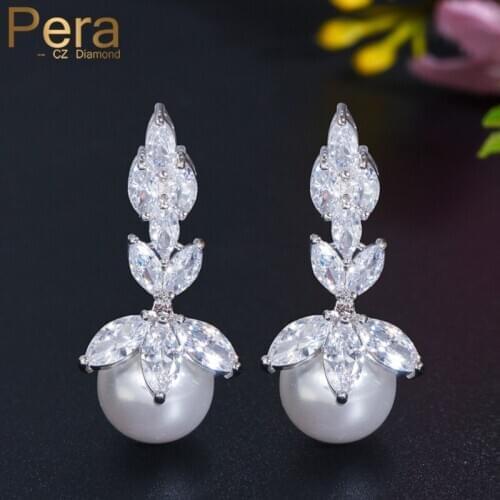 Pera Elegant Ladies Fresh Water Pearl White Gold Color Marquise Shape Cubic Zirconia Long Earrings for Mothers Day Gift E342