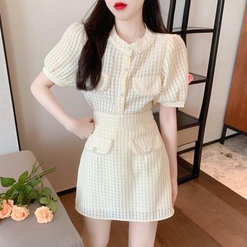 2021 Summer Solid Color Sweet Beading Short Puff Sleeve Shirt Top + High Waist A-Line Mini Skirt Suits Womens Two Piece Set