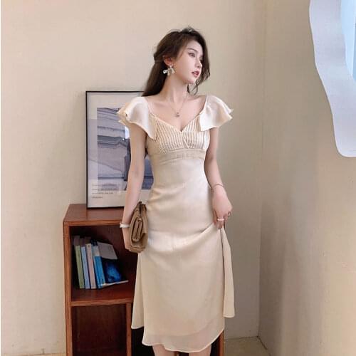2021 Women Summer French Romantic Elegant V Neck Petal Sleeve Patchwork Holiday Slim Waist A Line Casual Dress