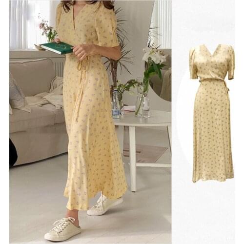 2021 summer vintage floral chiffon dress women v-neck slim lace up sweet dress