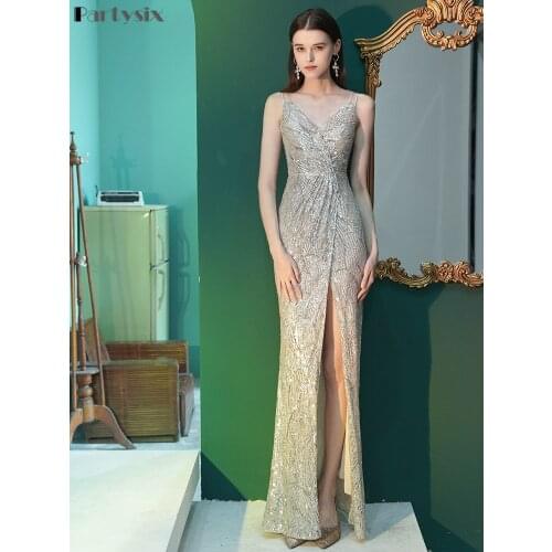 Partysix Slit Sexy Sequins Evening Dress Womens V-neck Backless Beading Long Party Dress