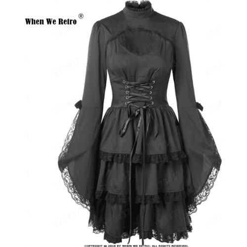 Vintage Elegant Lace Up Goth Retro Party Dresses Women Gothic Punk Dress Long Flare Sleeve Sexy Black Mesh Sawing Dress VD2127