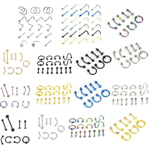8/16/21Pcs/set Body Jewelry Crystal Nose Hoop Ring Bone Bar Pin Cartilage Piercing Studs Jewelry Gift Studs