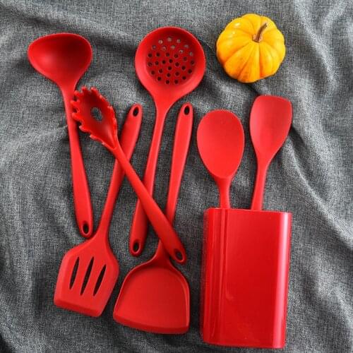 8 Pcs/set Red Silicone Cooking Utensils Set Baking Tool With Storage Hooks Storage Bucket Spatula Spoon kitchen Utensils