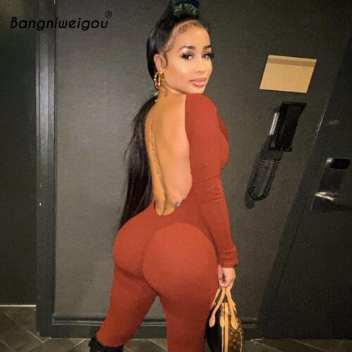 Bangniweigou Backless Long Sleeve Sexy Jumpsuit Women Solid Overalls Fall Winter Long Rompers Black White Brown