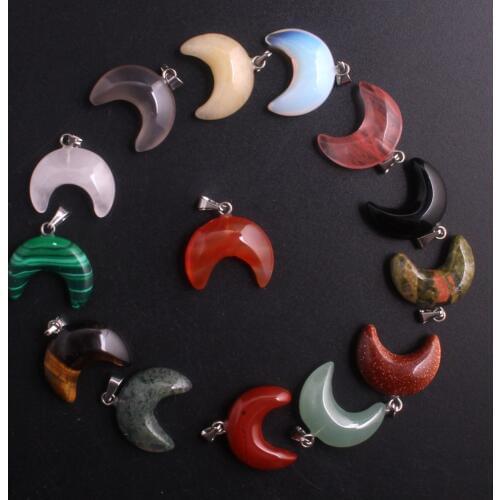 Free Shipping 24pcs/lot Natural Stone Rhodonite Crescent Half Moon Pendant Unakite Ox Horn Charms Crystal Beads Fit DIY Necklace
