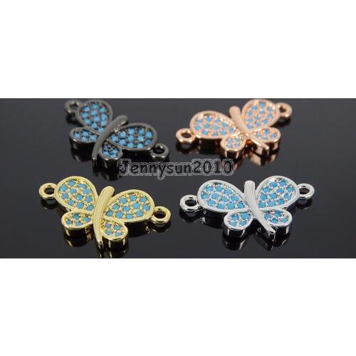 Zircon Gems Stones Pave Tur-quoise Butterfly Bracelet Connector Charm Beads Silver 10Pcs/Pack