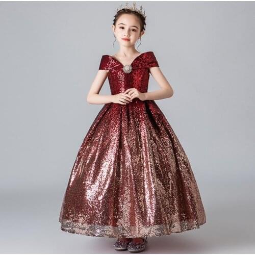 Kids Catwalk Dress High-End Sequies Stitching Sleeveless Ball Gown Birthday Party Wedding Dress For Girls L721