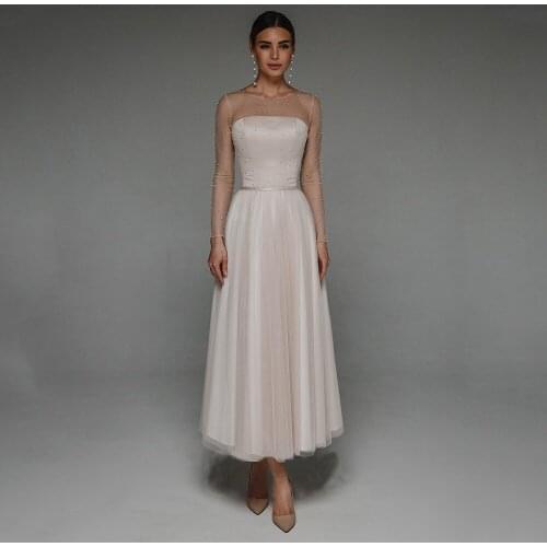 Ankle Length Engagement Wedding Dress Party Simple Detachable Illusion Coat Lace Long Sleeve Sashes Strapless Bridal Gowns
