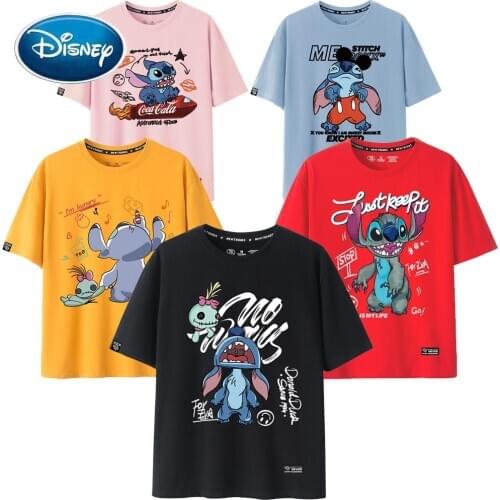 Disney T-Shirt Fashion Stitch Little Monster Cartoon Letter Print Short Sleeve Unisex Couples Women T-Shirt Cotton Tops 8 Colors