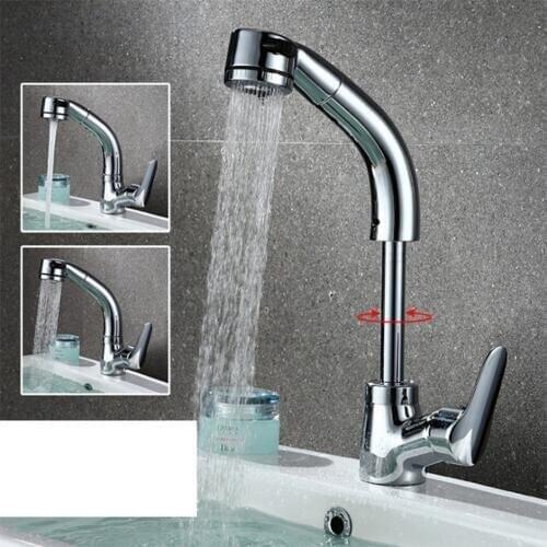 Kitchen Faucets Silver Single Handle Pull-Out Faucet Spray Swivel Kitchen Sink Baked Pull-Down Plumbing Cold Hot Water Tap