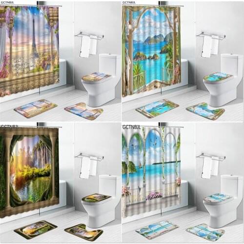 Landscape Shower Curtains Rug Set Paris Tower Waterfall Ocean Sea Scenery Non-slip Bath Mat Toliet Carpet Luxury Bathroom Decor