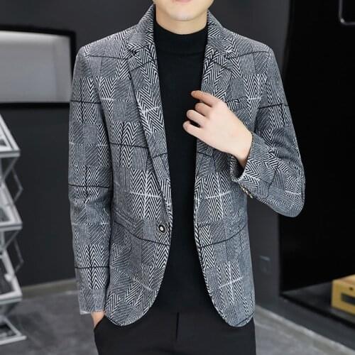 2021 Mens Autumn New Herringbone Plaid Leisure blazer Youth Trendy Slim Gray Handsome blazer