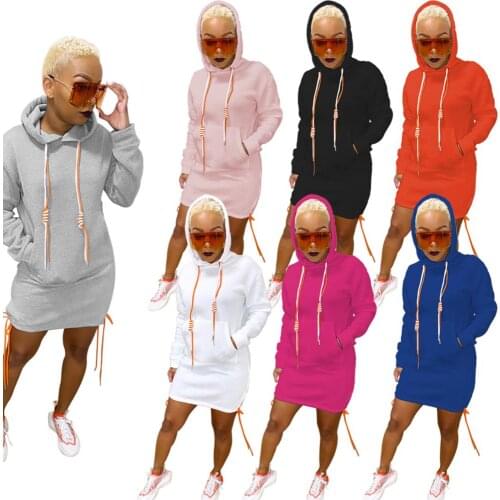 Autumn Hooded Dress Drawstring Long Sleeve Sweatshirts Mini Dresses Streetwear Casual Women Dresses Solid Color