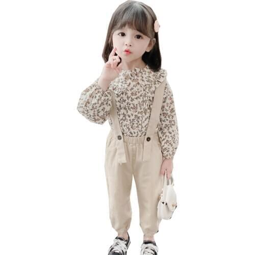 1-4 Age girl clothes summer two-piece fashion floral long-sleeved jacket + Solid color strap casual pants quality child clothing