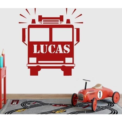 Personalized Custom Name Wall Stickers Cartoon Fire Engine Vinyl Decals Nursery Boys Room Cool Window Door Home Decor Z751