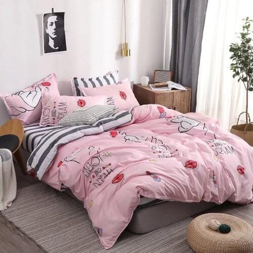 Bed Linens Pink Love And Lips Bedclothes-Korean Style Bedsheet Set Bedclothing Duvet Cover With Zipper Closure Ab Side Girl Beds