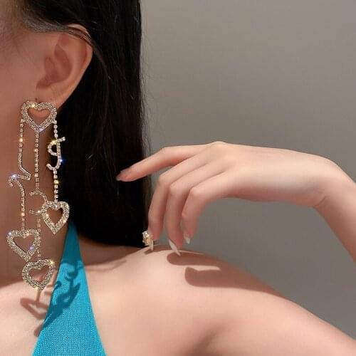 Fashion Love Stud Long Pendant Trendy Heart Earrings for Women Girls Delicate Design Shiny Rhinestone Earring Party Wedding Gift