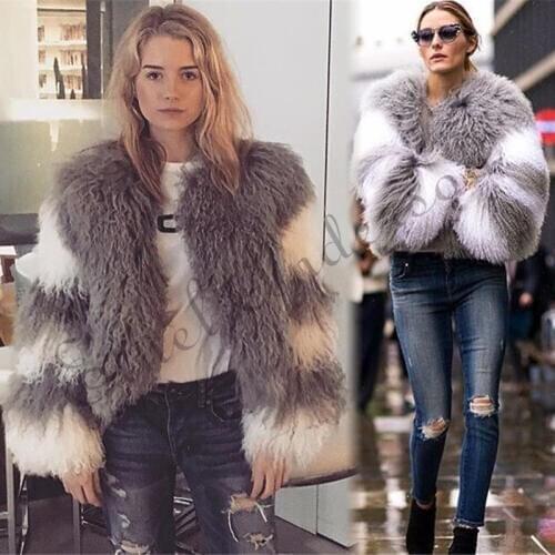 ETHEL ANDERSON Mongolia Sheep Fur Coats Women Lamb Fur Jacket Winter Splice Double Colors Nine Quarters Female Multi-colors