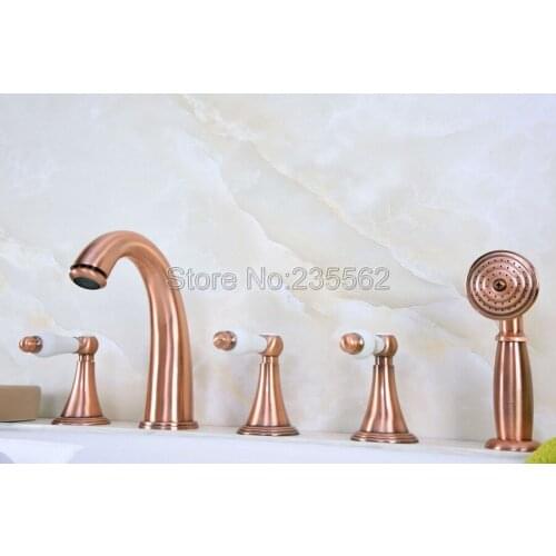 Bathroom Antique Red Copper Bathtub Faucet Deck Mounted 3 Handles Tub Tap W/Hand Shower :tf209
