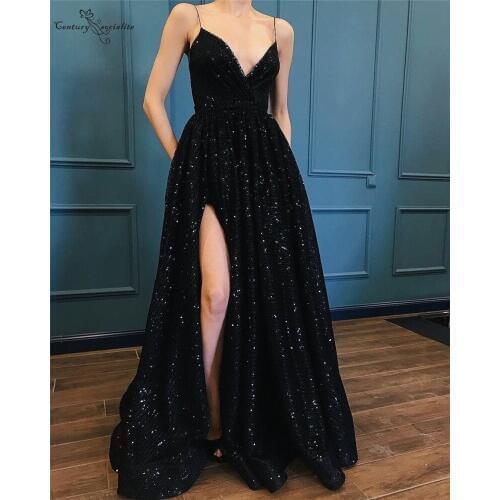 Sexy Black Evening Dresses 2020 V-Neck Side Split Open Back Shiny Long Party Gowns Prom Dress Vestido De Festa Cheap