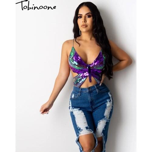 Tobinoone Butterfly Sequined Sleeveless Crop Tops Summer Camis Tops Spaghetti Strap Backless Women Sexy Top Beach Bohemian Tees